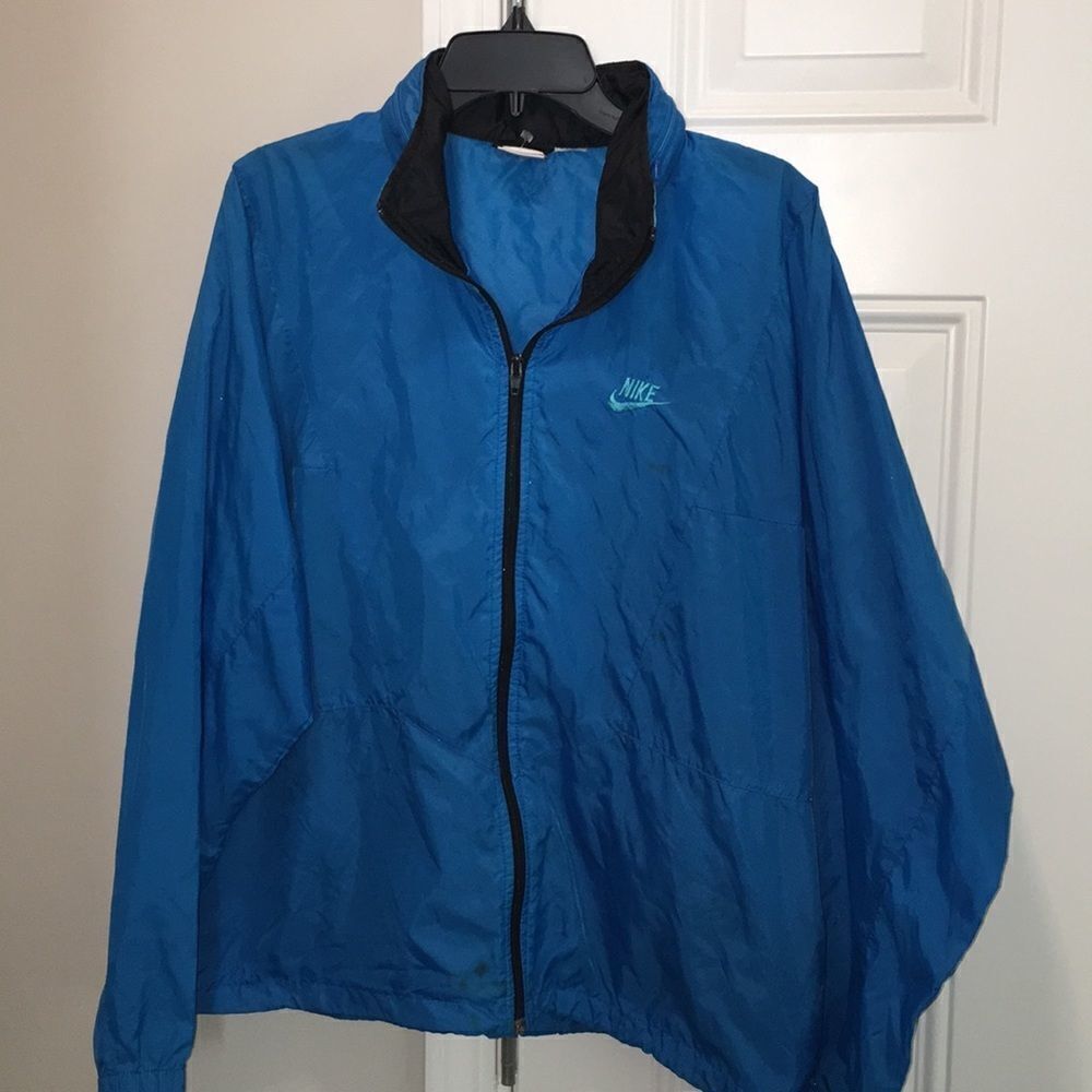 Vintage Blue Nike Retro Style Track Suit Jacket Shell w/ Collar Hood Old School